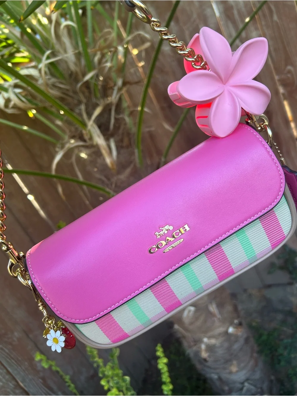 Coach Pink Floral Charm Shoulder Bag with Pastel Stripe